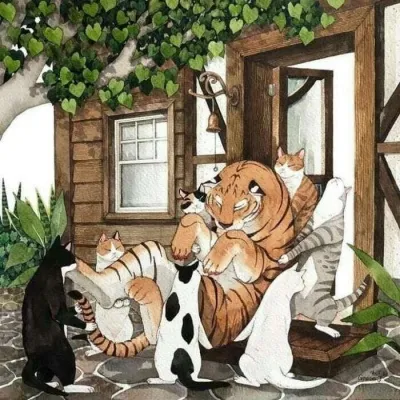 高清温暖的猫和老虎插画头像图片第1张