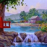 宛如世外桃源的水彩画风景头像图片第1张