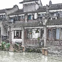 手绘彩笔画乌镇风景头像图片第1张